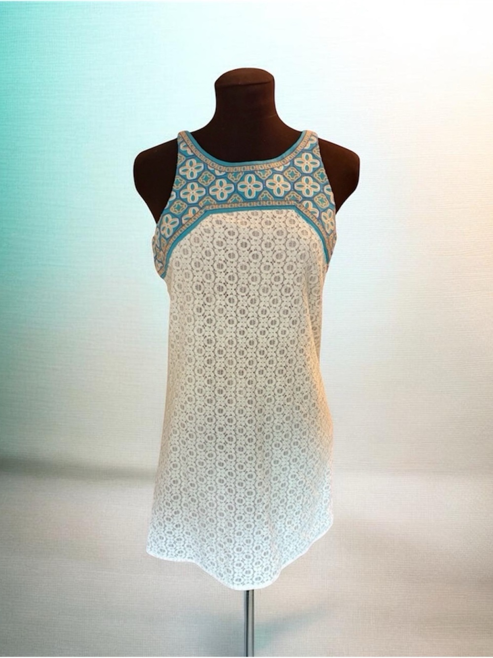 Flying Tomato White Lace Mini Dress with Turquoise Embroidered Yoke, size Small